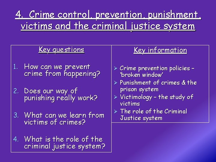 4. Crime control, prevention, punishment, victims and the criminal justice system Key questions 1.