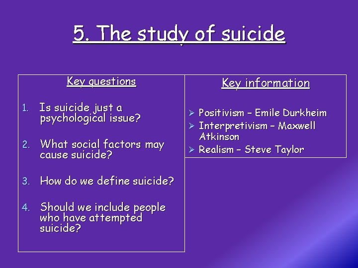 5. The study of suicide Key questions 1. Is suicide just a psychological issue?