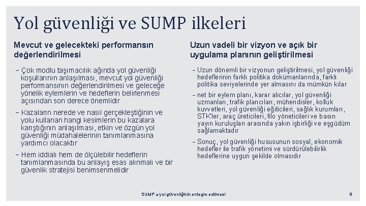 Yol güvenliği ve SUMP ilkeleri Mevcut ve gelecekteki performansın değerlendirilmesi Uzun vadeli bir vizyon