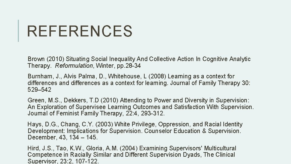 REFERENCES Brown (2010) Situating Social Inequality And Collective Action In Cognitive Analytic Therapy. Reformulation, REFERENCES Brown (2010) Situating Social Inequality And Collective Action In Cognitive Analytic Therapy. Reformulation,