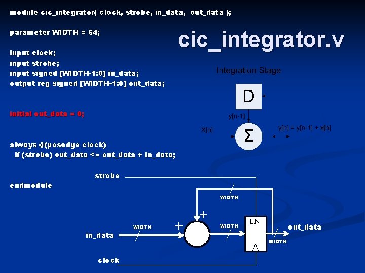 module cic_integrator( clock, strobe, in_data, out_data ); cic_integrator. v parameter WIDTH = 64; input