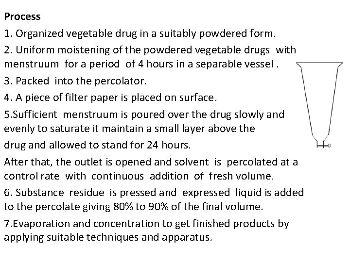 Process 1. Organized vegetable drug in a suitably powdered form. 2. Uniform moistening of