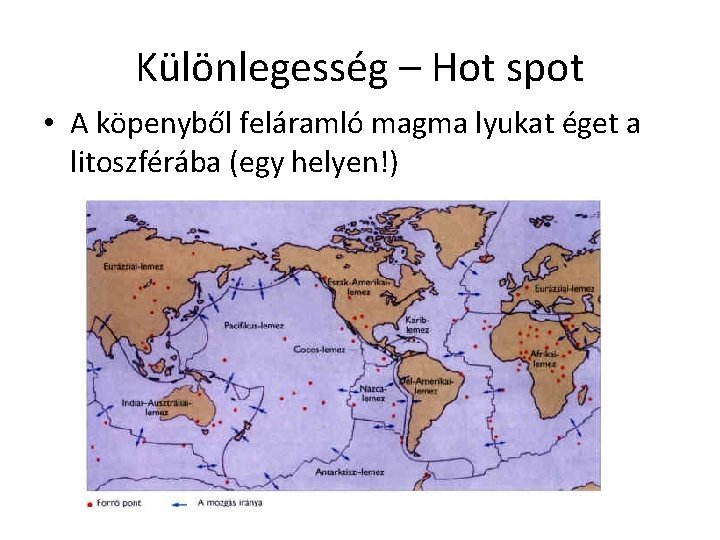 Különlegesség – Hot spot • A köpenyből feláramló magma lyukat éget a litoszférába (egy