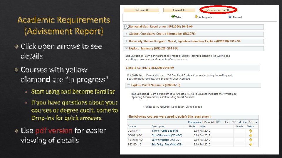 Academic Requirements (Advisement Report) Click open arrows to see details Courses with yellow diamond