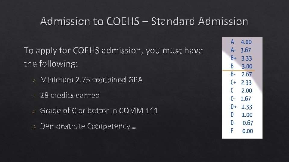 Admission to COEHS – Standard Admission To apply for COEHS admission, you must have
