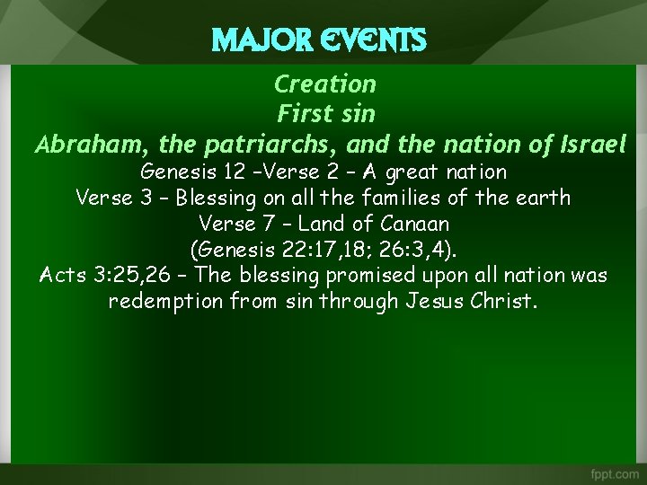 Major Events Creation First sin Abraham, the patriarchs, and the nation of Israel Genesis