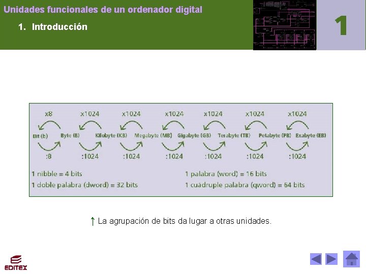 Unidades funcionales de un ordenador digital 1. Introducción ↑ La agrupación de bits da