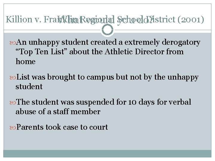 Killion v. Franklin Regional School District (2001) What would you do? An unhappy student