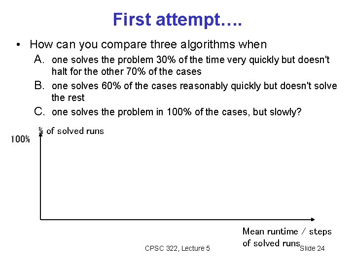 First attempt…. • How can you compare three algorithms when A. one solves the