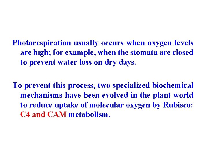 Photorespiration usually occurs when oxygen levels are high; for example, when the stomata are