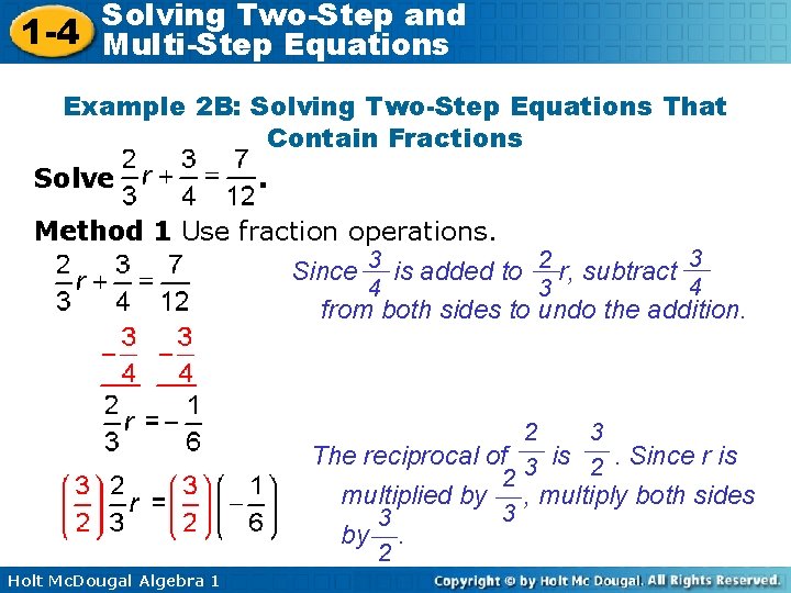 Solving Two-Step and 1 -4 Multi-Step Equations Example 2 B: Solving Two-Step Equations That