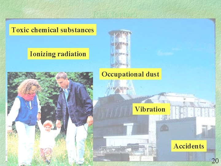 Risk factors Toxic chemical substances Ionizing radiation Occupational dust Vibration Accidents 20 Risk factors Toxic chemical substances Ionizing radiation Occupational dust Vibration Accidents 20