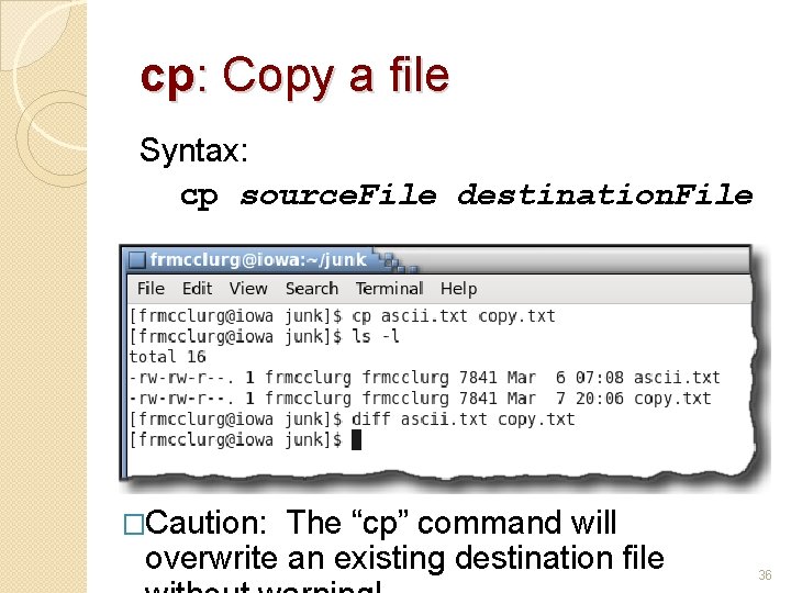 cp: Copy a file Syntax: cp source. File destination. File �Caution: The “cp” command
