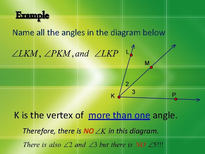 Example Name all the angles in the diagram below K is the vertex of