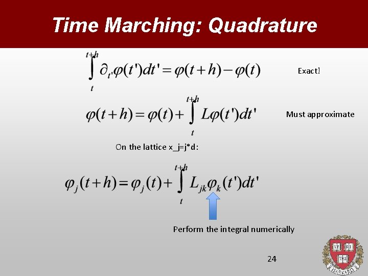 Time Marching: Quadrature Exact! Must approximate On the lattice x_j=j*d: Perform the integral numerically