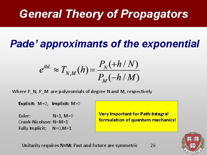 General Theory of Propagators Pade’ approximants of the exponential Where P_N, P_M are polynomials