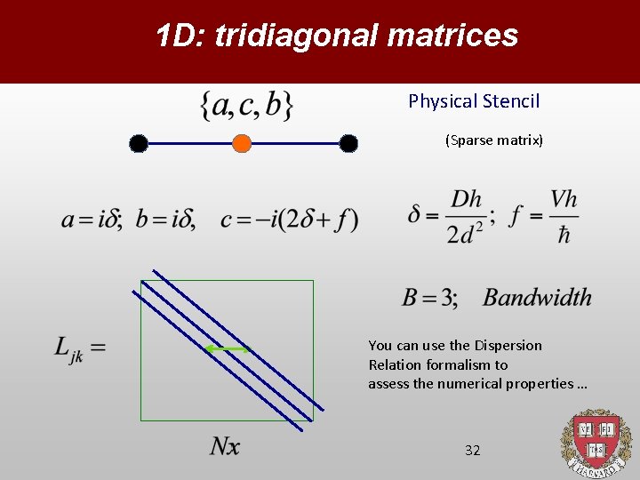 1 D: tridiagonal matrices Physical Stencil (Sparse matrix) You can use the Dispersion Relation