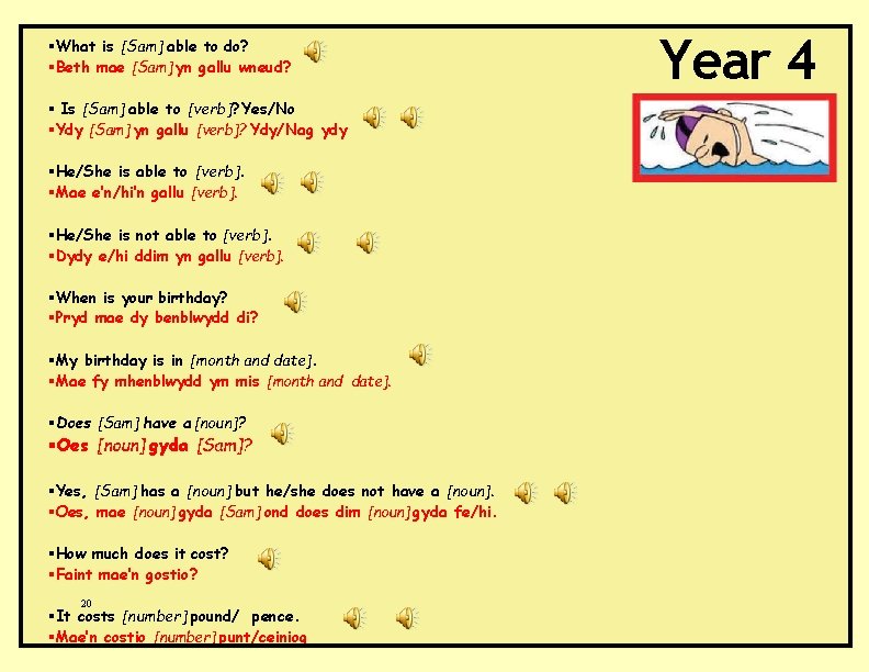 §What is [Sam] able to do? §Beth mae [Sam] yn gallu wneud? § Is