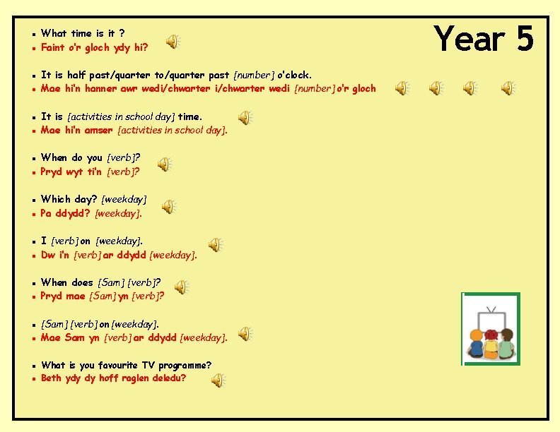 ▪ What time is it ? ▪ Faint o’r gloch ydy hi? ▪ It