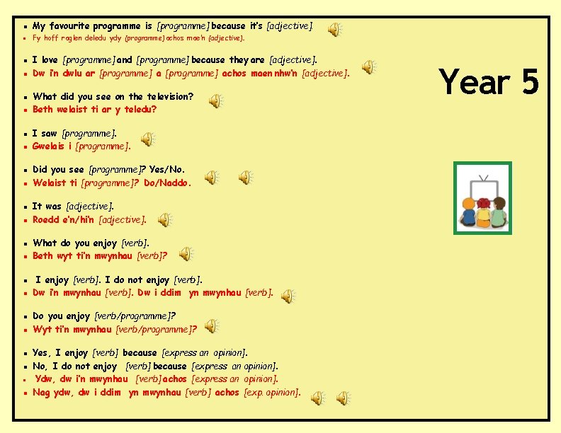 ▪ My favourite programme is [programme] because it’s [adjective]. ▪ Fy hoff raglen deledu