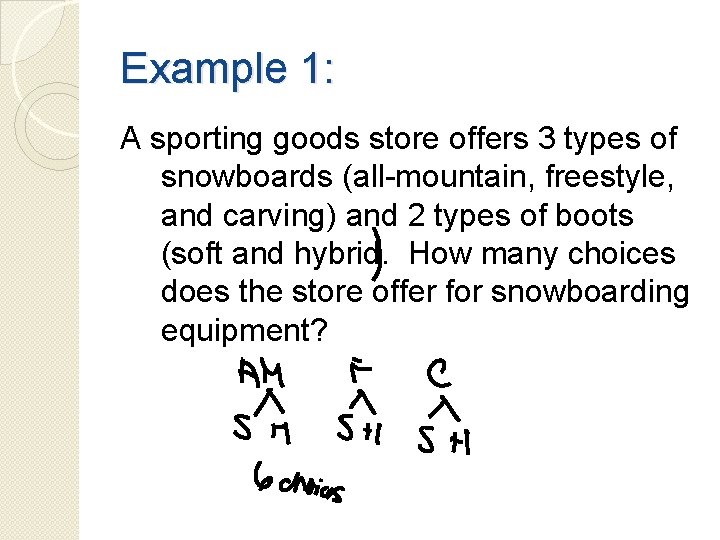 Example 1: A sporting goods store offers 3 types of snowboards (all-mountain, freestyle, and