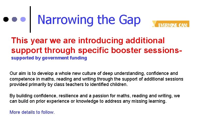 Narrowing the Gap This year we are introducing additional support through specific booster sessionssupported
