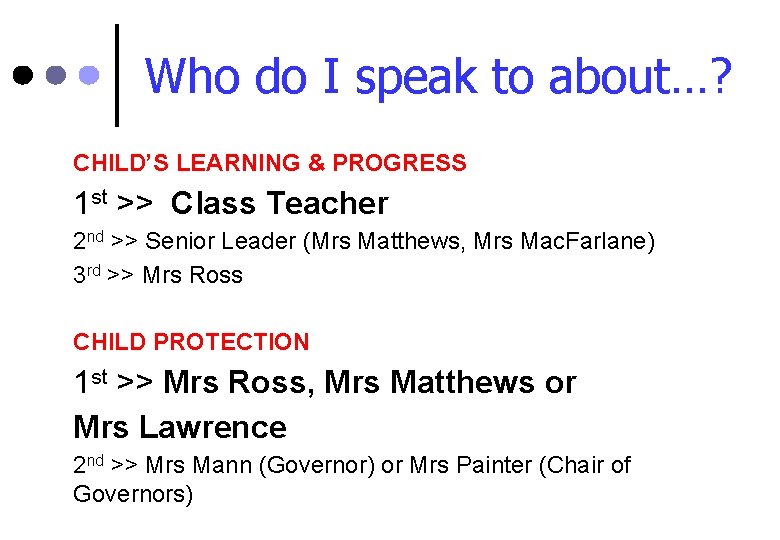 Who do I speak to about…? CHILD’S LEARNING & PROGRESS 1 st >> Class