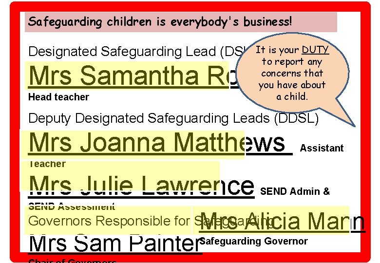 Safeguarding children is everybody's business! Designated Safeguarding Lead (DSL)It is your DUTY to report