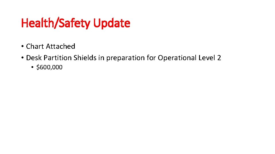 Health/Safety Update • Chart Attached • Desk Partition Shields in preparation for Operational Level