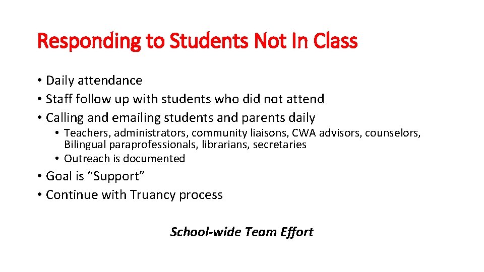 Responding to Students Not In Class • Daily attendance • Staff follow up with