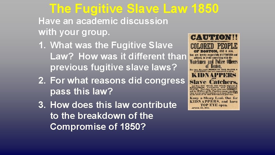 The Fugitive Slave Law 1850 Have an academic discussion with your group. 1. What