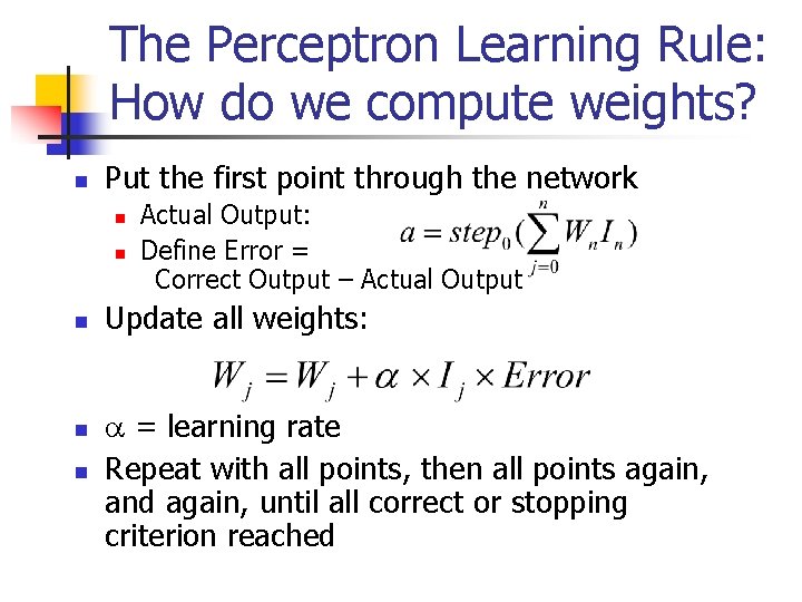 The Perceptron Learning Rule: How do we compute weights? n Put the first point