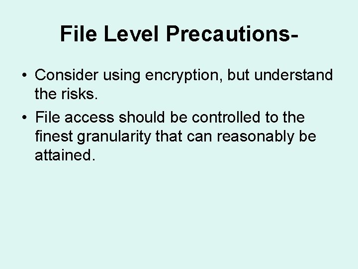 File Level Precautions • Consider using encryption, but understand the risks. • File access