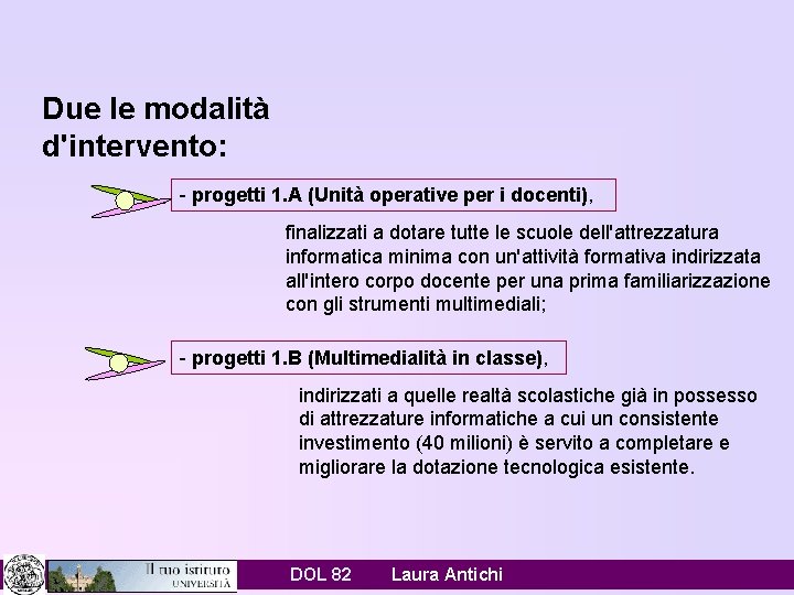 Due le modalità d'intervento: - progetti 1. A (Unità operative per i docenti), finalizzati