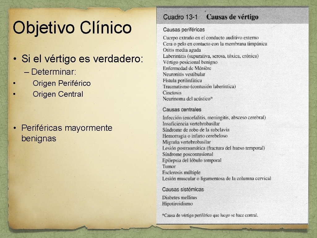 Objetivo Clínico • Si el vértigo es verdadero: – Determinar: • • Origen Periférico