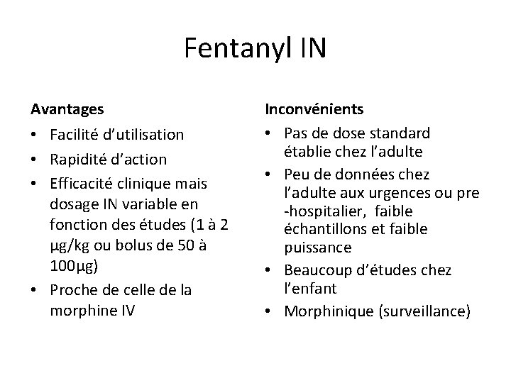 Fentanyl IN Avantages • Facilité d’utilisation • Rapidité d’action • Efficacité clinique mais dosage