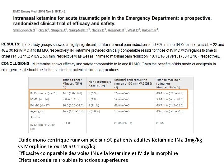 Etude mono centrique randomisée sur 90 patients adultes Ketamine IN à 1 mg/kg vs