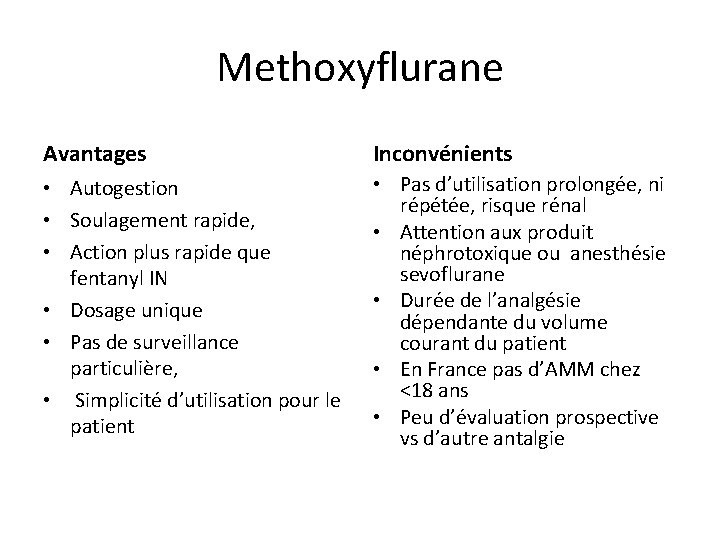 Methoxyflurane Avantages Inconvénients • Autogestion • Soulagement rapide, • Action plus rapide que fentanyl