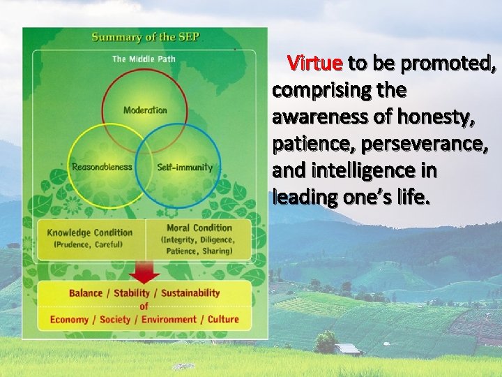  Virtue to be promoted, comprising the awareness of honesty, patience, perseverance, and intelligence