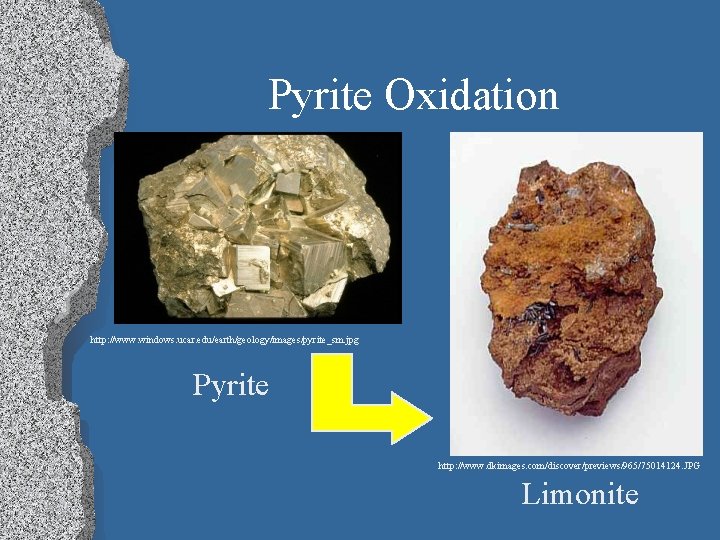 Pyrite Oxidation http: //www. windows. ucar. edu/earth/geology/images/pyrite_sm. jpg Pyrite http: //www. dkimages. com/discover/previews/965/75014124. JPG