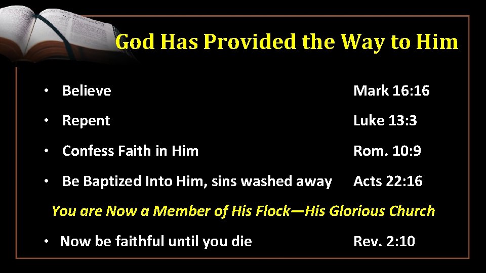 God Has Provided the Way to Him • Believe Mark 16: 16 • Repent