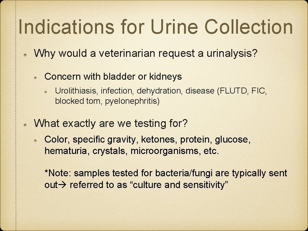 Indications for Urine Collection Why would a veterinarian request a urinalysis? Concern with bladder Indications for Urine Collection Why would a veterinarian request a urinalysis? Concern with bladder