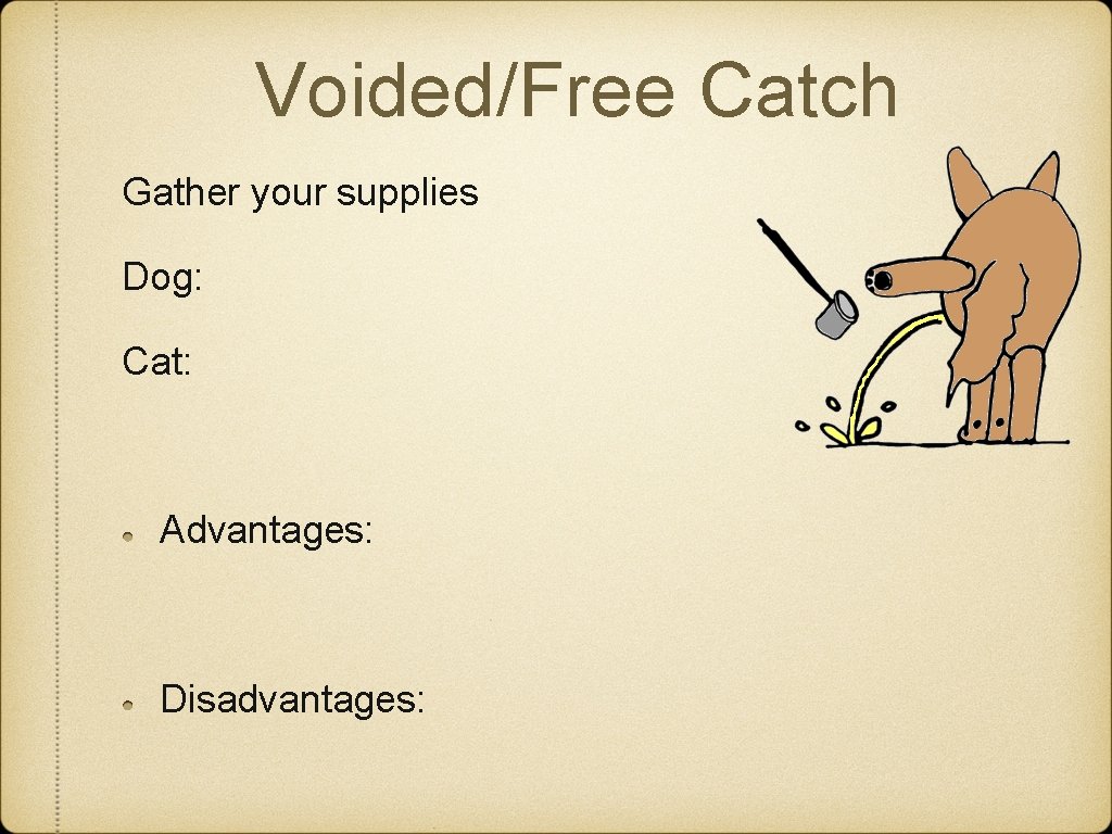 Voided/Free Catch Gather your supplies Dog: Cat: Advantages: Disadvantages: Voided/Free Catch Gather your supplies Dog: Cat: Advantages: Disadvantages: