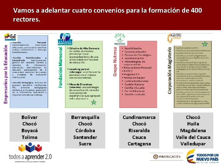Vamos a adelantar cuatro convenios para la formación de 400 rectores. Bolívar Chocó Boyacá