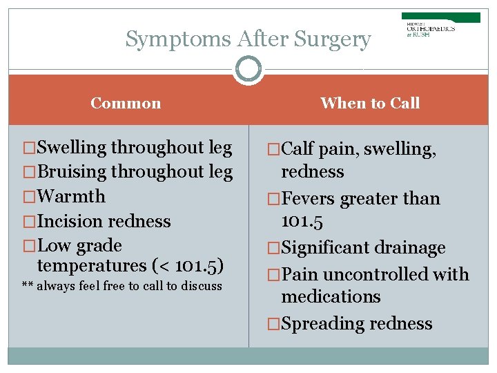 Symptoms After Surgery Common When to Call �Swelling throughout leg �Calf pain, swelling, �Bruising