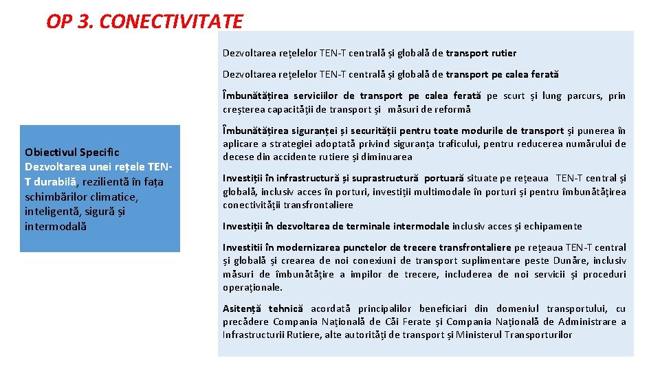 OP 3. CONECTIVITATE Dezvoltarea rețelelor TEN-T centrală și globală de transport rutier Dezvoltarea rețelelor