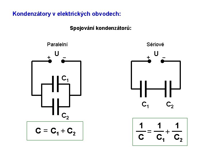 Kondenzátory v elektrických obvodech: Spojování kondenzátorů: Paralelní + U – Sériové + U –