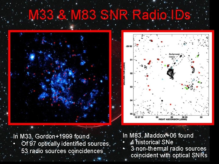 M 33 & M 83 SNR Radio IDs In M 33, Gordon+1999 found •