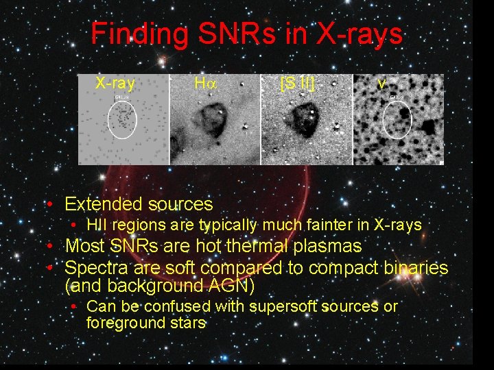 Finding SNRs in X-rays X-ray H [S II] v • Extended sources • HII
