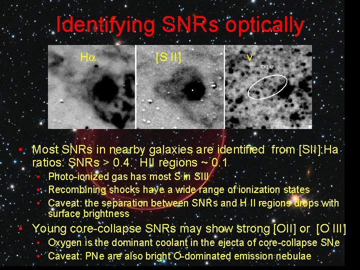 Identifying SNRs optically H [S II] v • Most SNRs in nearby galaxies are